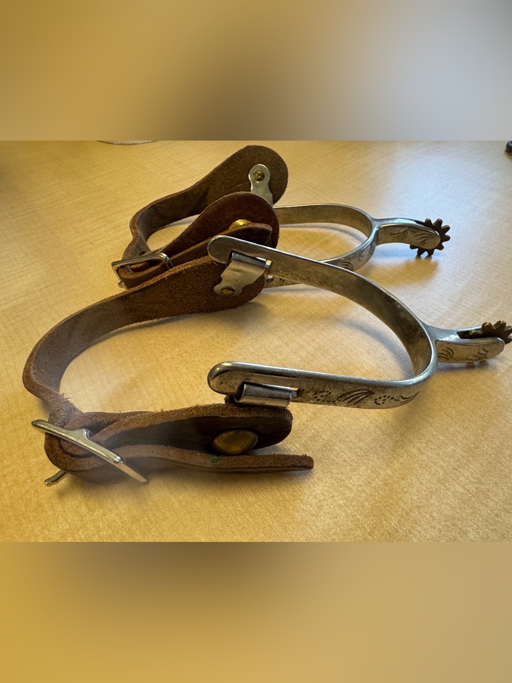 Vintage Engraved German Silver Cowboy Spurs Brass Rowel Brown Leather Straps